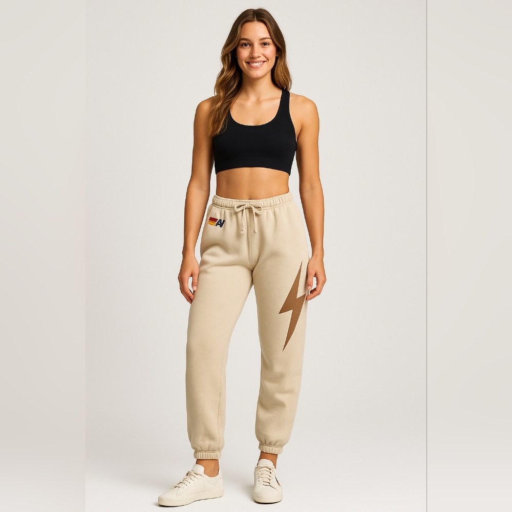 Aviator Nation Lightning Jogger Pants Unisex Size L Beige  nwot